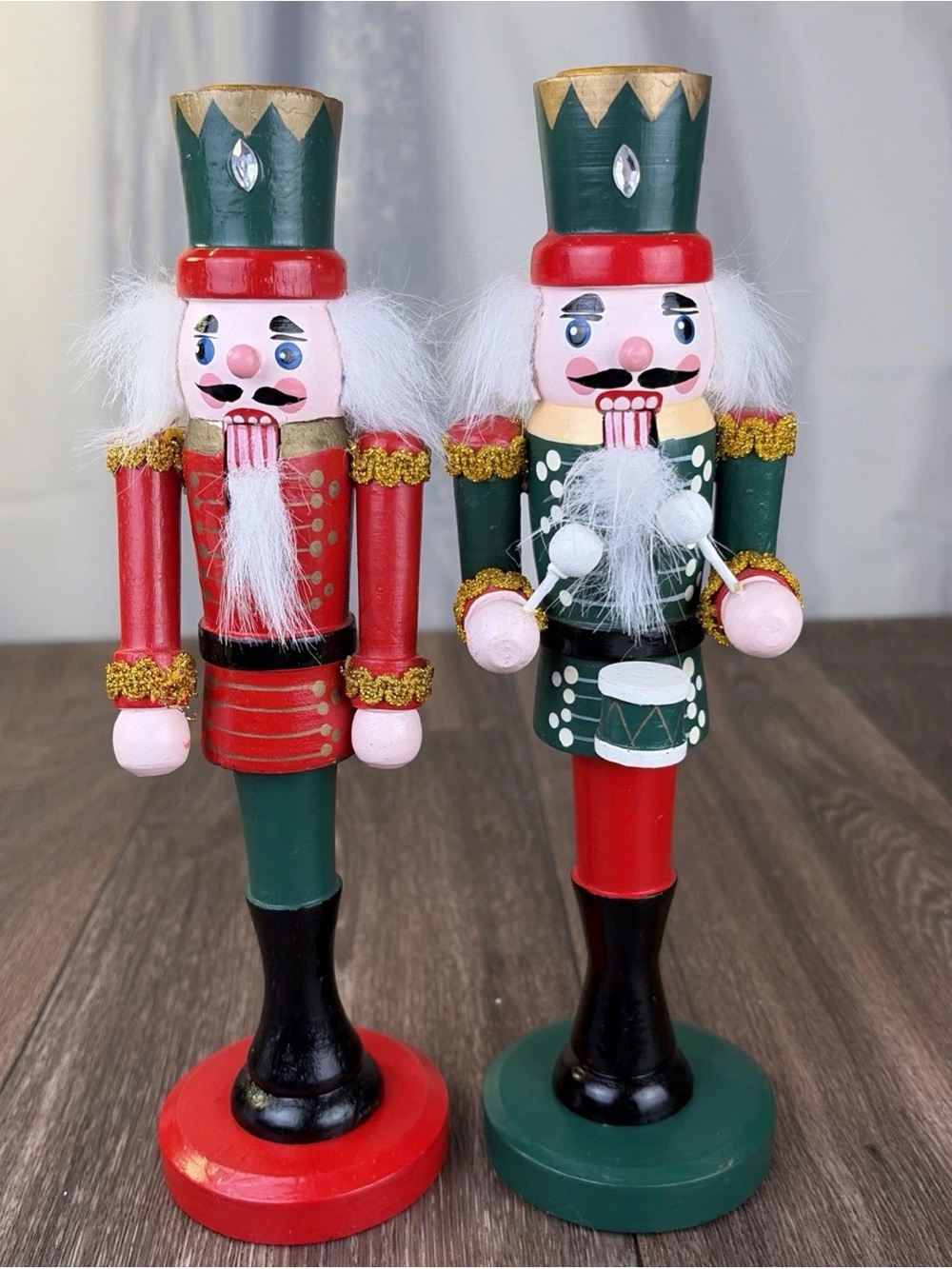 Lot of 2 Wooden Musician Nutcracker Candle Stick Holders 10" Drummer Band Leader